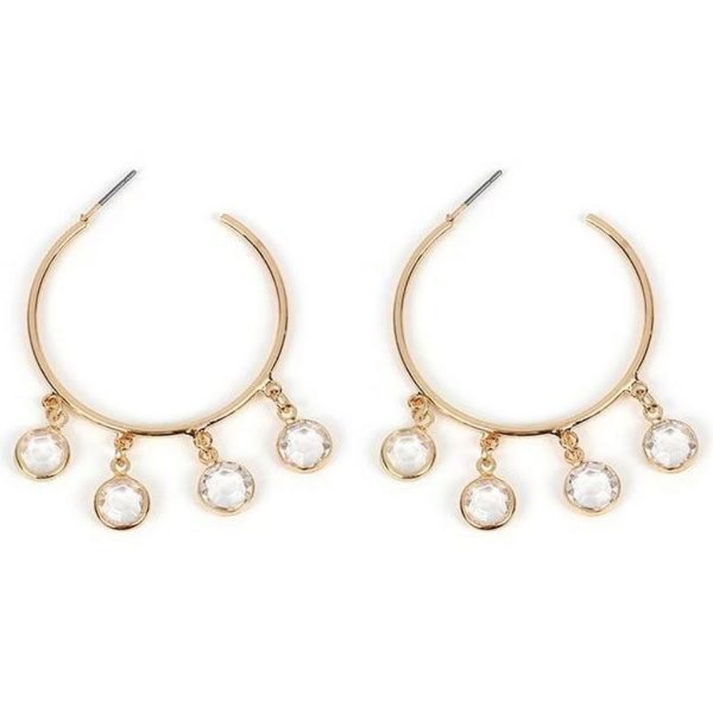 ✨ Gold Charm Hoop Earrings With Dangling Crystals - Picture 2 of 5